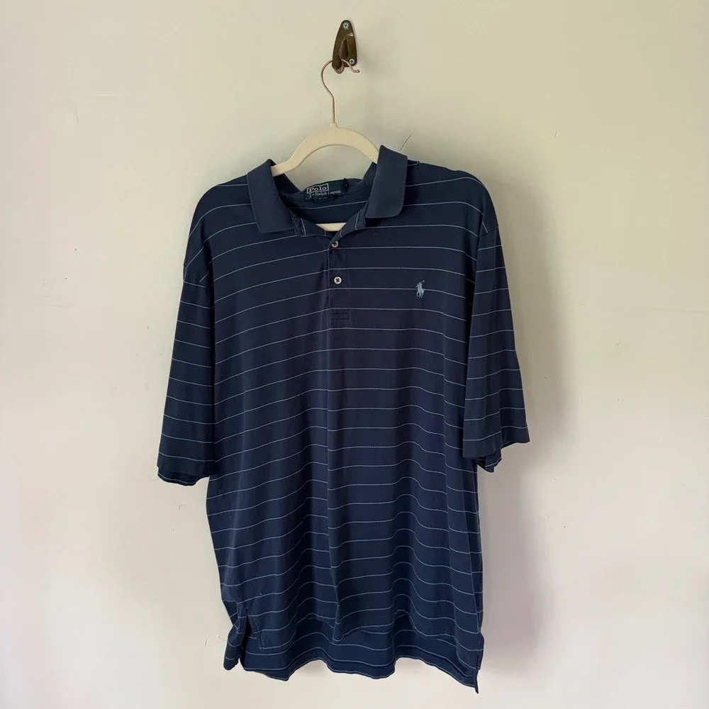 Polo Ralph Lauren Mens XL Navy Blue Striped Pima Cotton Polo Shirt